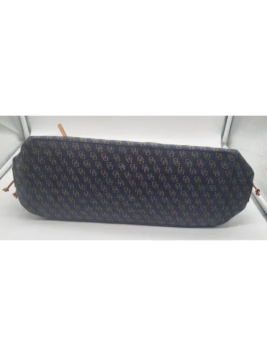 Dooney & Bourke Blue Denim Logo Brocade Shoulder Bag Brown Leather Red Interior - Picture 2 of 13